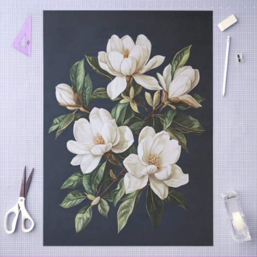 Witte Magnolia's op Navy Blue Decoupage Tissuepapier (Craft)