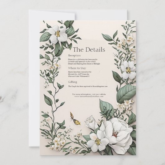 Witte Magnolias vlinder bruiloft details Kaart (Voorkant)