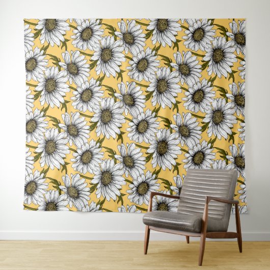 Witte maissoorten, wilde bloemen op geel wandkleed (In Situ (horizontaal))