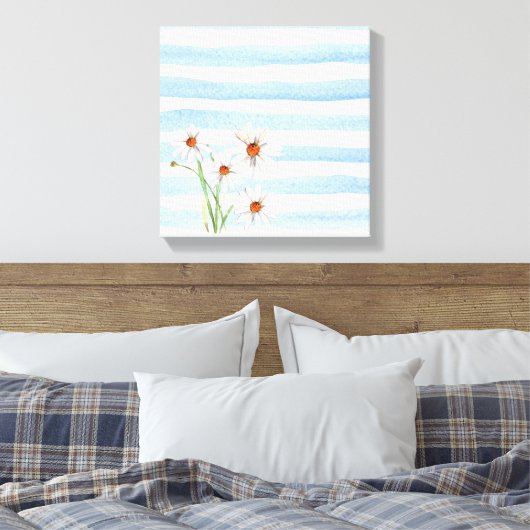 witte maisy bouquet op waterverf stripe canvas afdruk (Insitu (Slaapkamer))