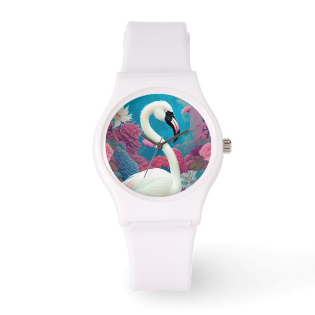 Witte majestueuze flamingo horloge (Voorkant)