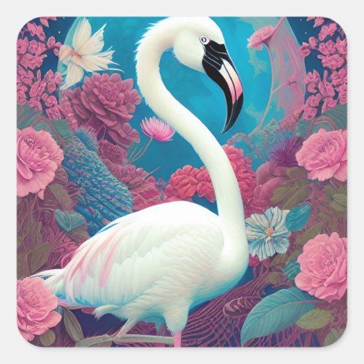 Witte majestueuze flamingo vierkante sticker (Voorkant)