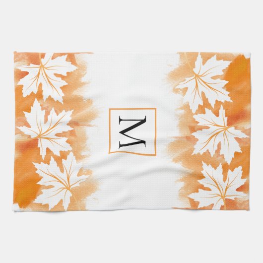 Witte makelblad oranje waterverf was, monogram theedoek (Horizontaal)