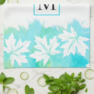 Witte makelbladaqua waterverf was en monogram theedoek