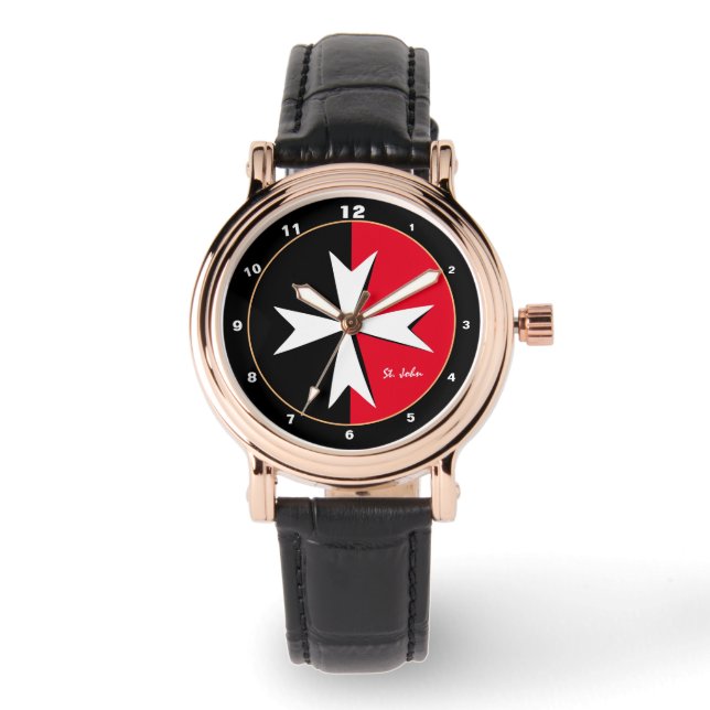 Witte Maltese Cross & Malta vlag mode / brandweerm Horloge (Voorkant)