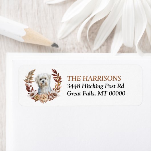 Witte Maltese hond herfst krans Etiket (Insitu)