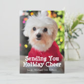 Witte Maltese hond in rood kerstmanpak. Feestdagenkaart (Staand voorkant)