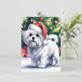 Witte Maltese hond met kerstmuts Feestdagenkaart (Staand voorkant)