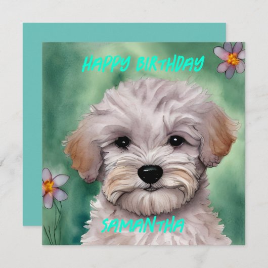 Witte Maltese puppy gemoten groen Happy Birthday Feestdagenkaart (Voorkant / Achterkant)