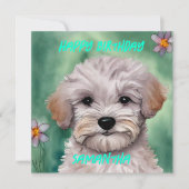 Witte Maltese puppy gemoten groen Happy Birthday Feestdagenkaart (Voorkant)
