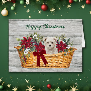 Witte Maltese puppy met kerstkaart voor mandje