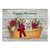 Witte Maltese puppy met kerstkaart voor mandje (Voorkant Horizontaal)