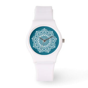 Witte Mandala op Blauwe Achtergrond Horloge