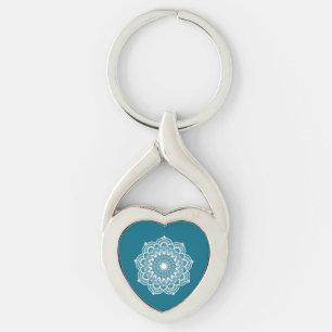 Witte mandala op blauwe achtergrond Metalen sleute Sleutelhanger