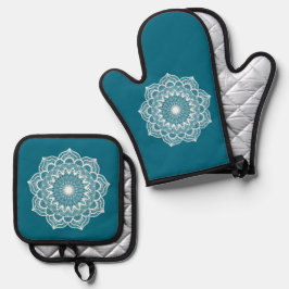 Witte Mandala op Blauwe Achtergrond Ovenwant & Pannenlap Set