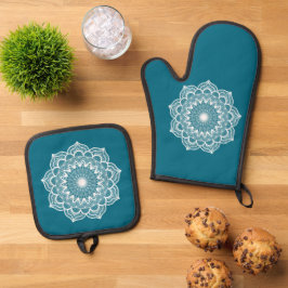 Witte Mandala op Blauwe Achtergrond Ovenwant & Pannenlap Set