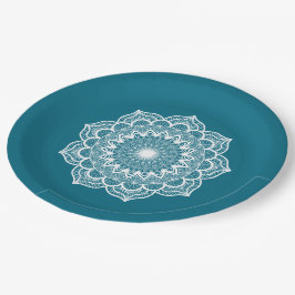 Witte Mandala op Blauwe Achtergrond Papieren Bordje