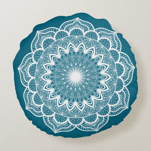 Witte Mandala op Blauwe Achtergrond Rond Kussen (Achterkant)