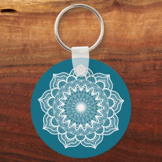 Witte Mandala op Blauwe Achtergrond Sleutelhanger (Voorkant)