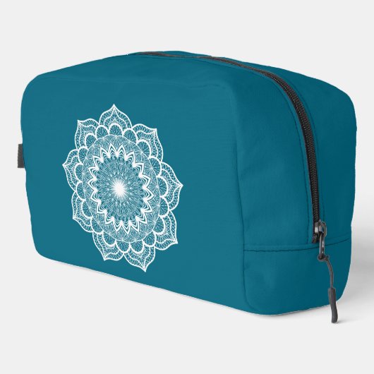 Witte mandala op blauwe achtergrond toilettasje (Rechterhoek)