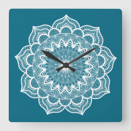 Witte Mandala op Blauwe Achtergrond Vierkante Klok