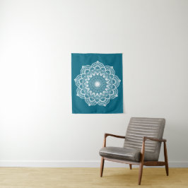 Witte Mandala op Blauwe Achtergrond Wandkleed