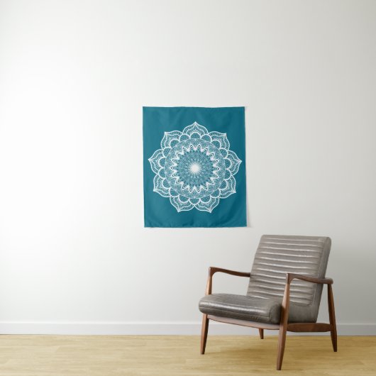 Witte Mandala op Blauwe Achtergrond Wandkleed (In situ)