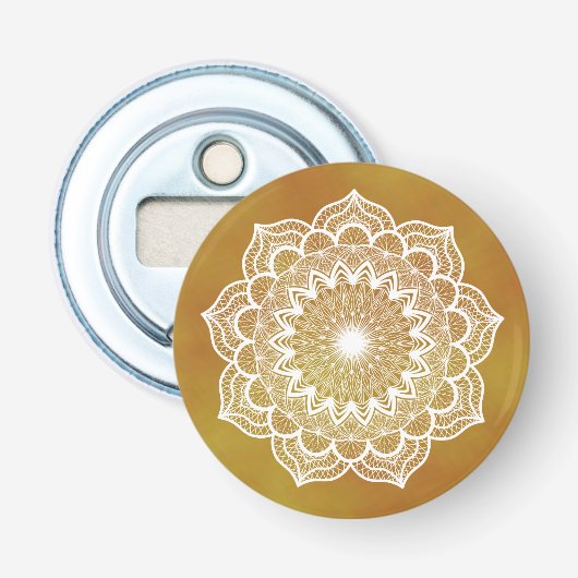 Witte Mandala op Gouden Achtergrond Button Flesopener (Voorkant)