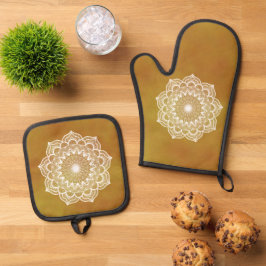 Witte Mandala op Gouden Achtergrond Ovenwant & Pannenlap Set