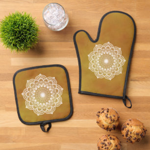 Witte Mandala op Gouden Achtergrond Ovenwant & Pannenlap Set