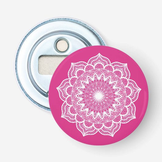 Witte Mandala op Roze Achtergrond Button Flesopener (Voorkant)