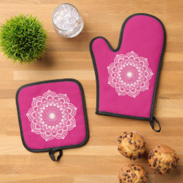 Witte Mandala op Roze Achtergrond Ovenwant & Pannenlap Set