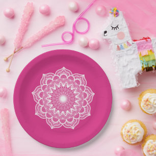 Witte Mandala op Roze Achtergrond Papieren Bordje