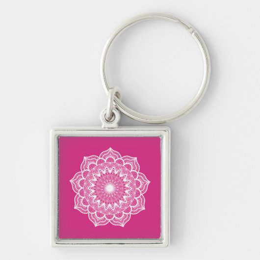 Witte Mandala op Roze Achtergrond Sleutelhanger (Voorkant)