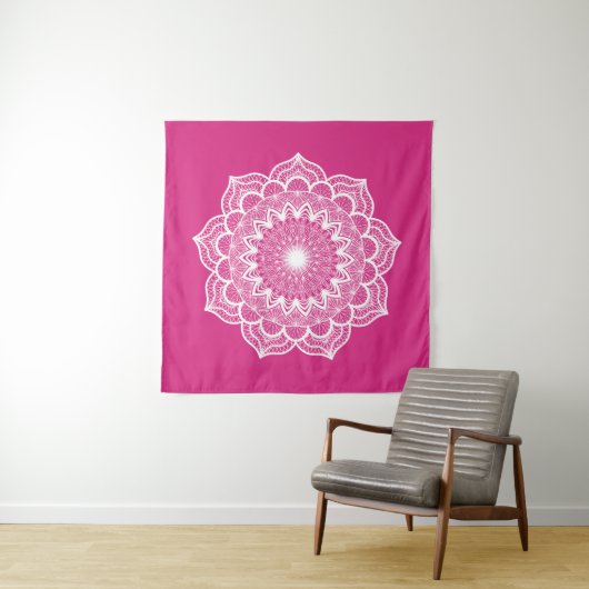 Witte Mandala op Roze Achtergrond Wandkleed (In situ)
