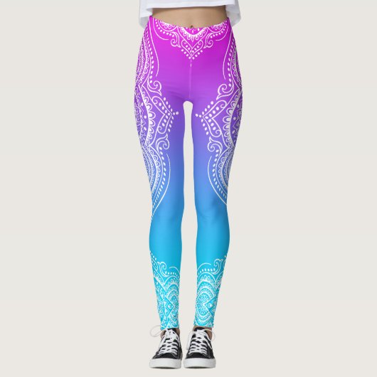 Witte mandala op roze tot blauw ombre leggings (Voorkant)