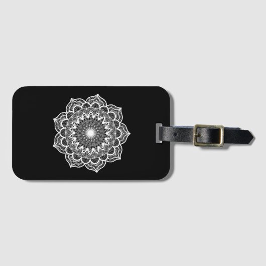 Witte Mandala op Zwarte Achtergrond Bagagelabel (Voorkant (horizontaal))