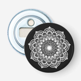 Witte Mandala op Zwarte Achtergrond Button Flesopener