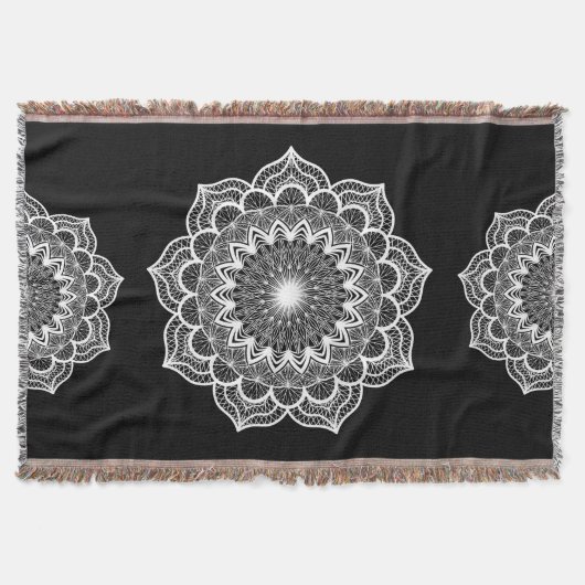 Witte Mandala op Zwarte Achtergrond Deken (Voorkant)