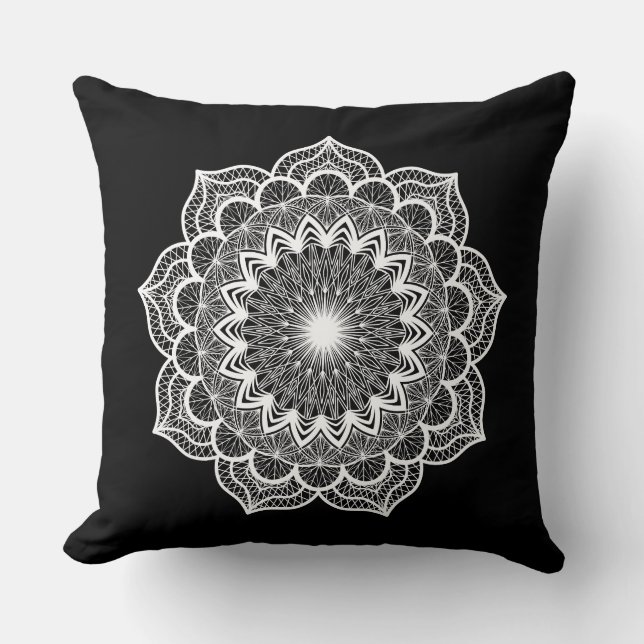 Witte Mandala op Zwarte Achtergrond Kussen (Voorkant)