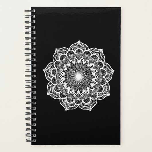 Witte Mandala op Zwarte Achtergrond Planner (Voorkant)