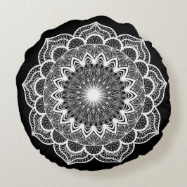 Witte Mandala op Zwarte Achtergrond Rond Kussen