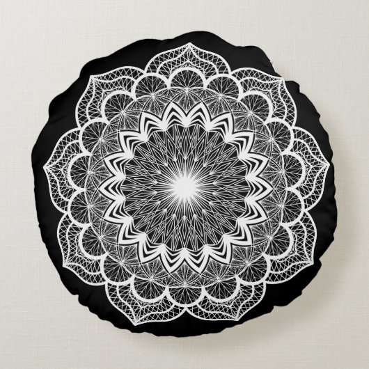 Witte Mandala op Zwarte Achtergrond Rond Kussen (Achterkant)
