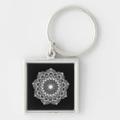 Witte Mandala op Zwarte Achtergrond Sleutelhanger (Voorkant)