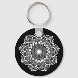 Witte Mandala op Zwarte Achtergrond Sleutelhanger