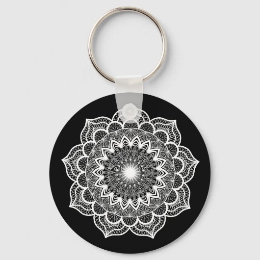 Witte Mandala op Zwarte Achtergrond Sleutelhanger (Achterkant)