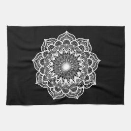 Witte Mandala op Zwarte Achtergrond Theedoek