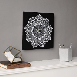 Witte Mandala op Zwarte Achtergrond Vierkante Klok