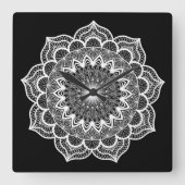 Witte Mandala op Zwarte Achtergrond Vierkante Klok (Voorkant)