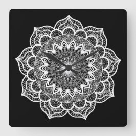 Witte Mandala op Zwarte Achtergrond Vierkante Klok